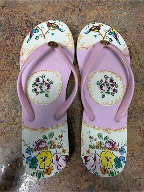 Tory Burch Pink Floral Flip Flop Sandals with Gold Logo